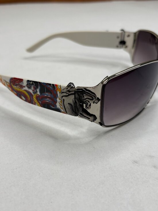 Ed Hardy Style Vtg Sunglasses Panther & Snake Tattoo Graphics White Silver Y2K main image 6